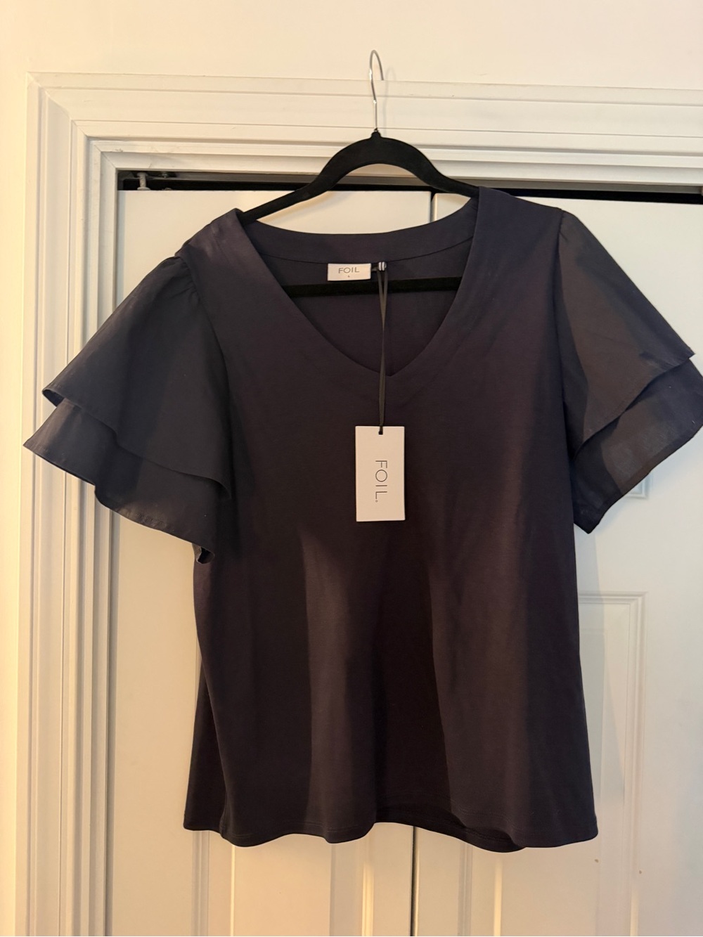 FOIL Navy V-Neck Flutter Sleeve Top